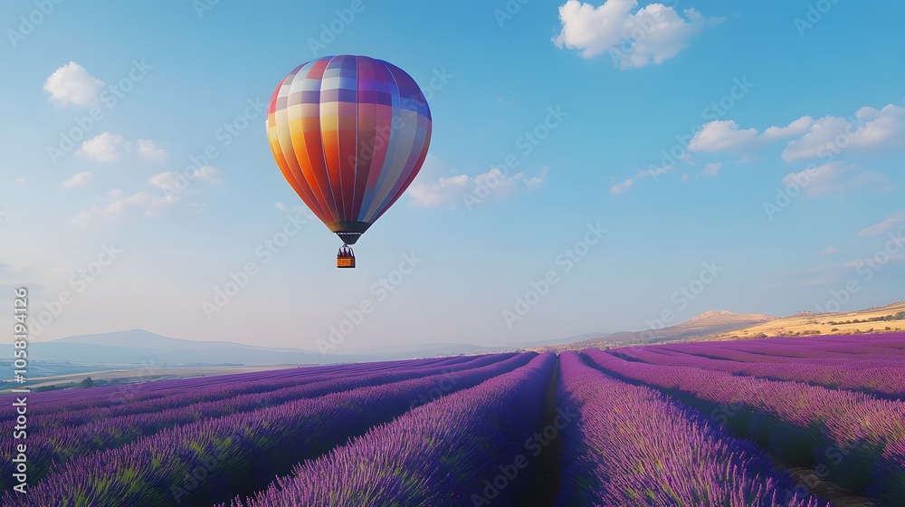 Fototapeta premium travel destination, beautiful dream inspirational landscape with hot air balloon flying above lavender fields . 