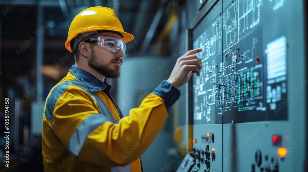 Engineer monitoring a control panel in an industrial plant, Engineer monitoring a control panel in an industrial plant,
