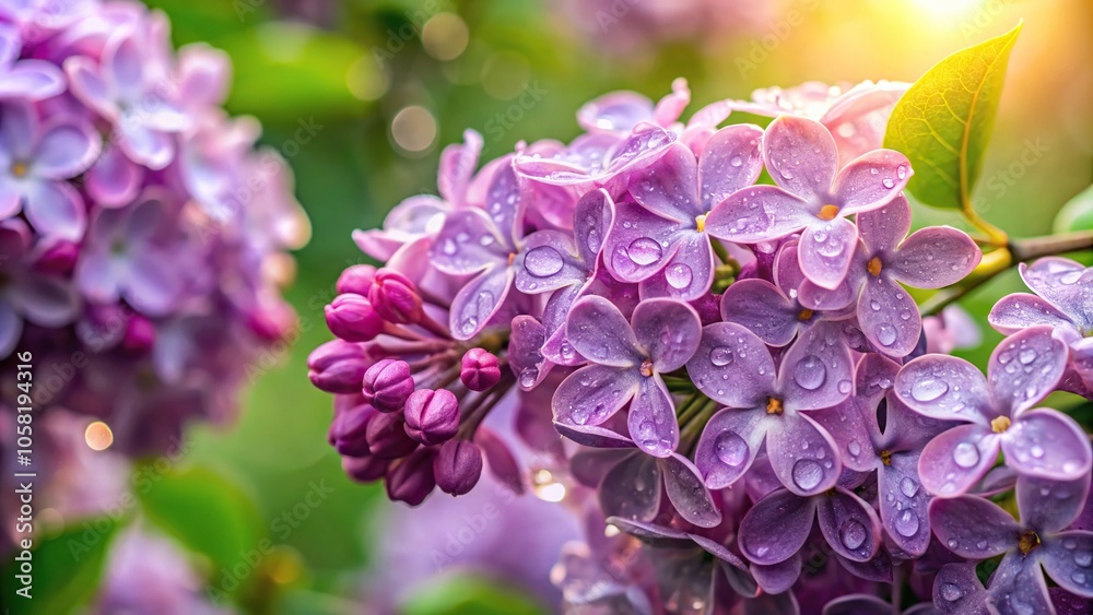 Lilac flowers in a garden with morning dew, floral arrangement, nature scenery Lilac flowers in a garden with morning dew, floral arrangement, nature scenery