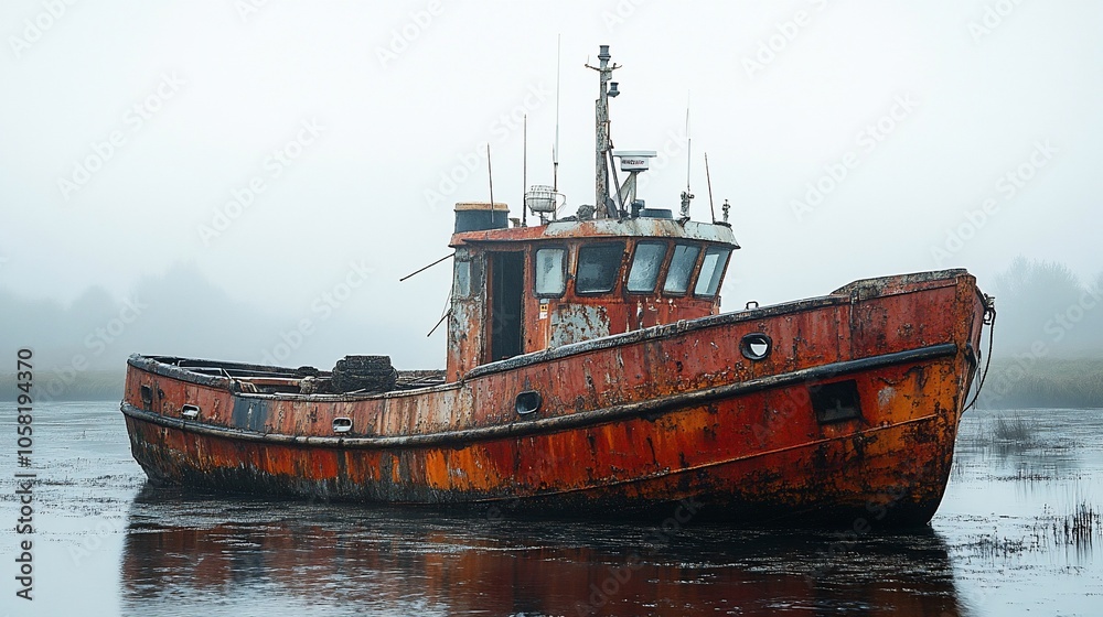 An old, rusty, and weathered fishing boat sits abandoned in shallow water on a foggy day. An old, rusty, and weathered fishing boat sits abandoned in shallow water on a foggy day.