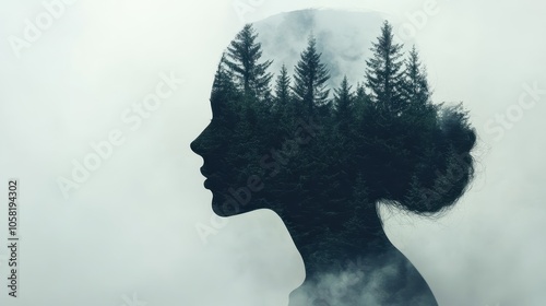 Double Exposure of Woman's Silhouette with Forest Trees Creating a Mystical and Artistic Nature-Inspired Portrait