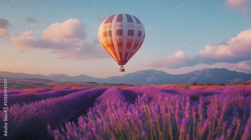 Fototapeta premium travel destination, beautiful dream inspirational landscape with hot air balloon flying above lavender fields . 