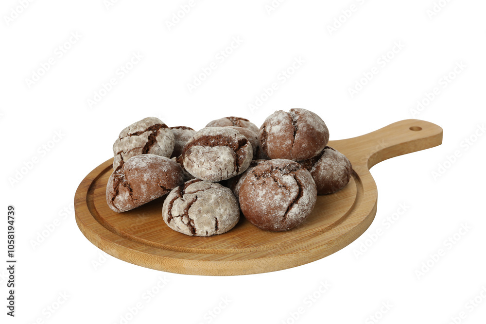 PNG, Chocolate cookies on wooden board, isolated on white background PNG, Chocolate cookies on wooden board, isolated on white background