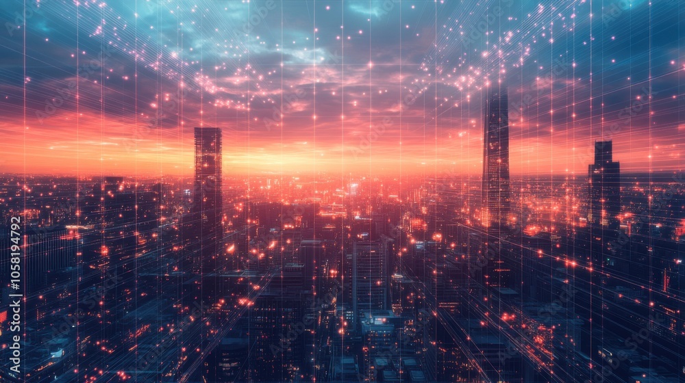 Double exposure of futuristic city with glowing lights. Double exposure of futuristic city with glowing lights.