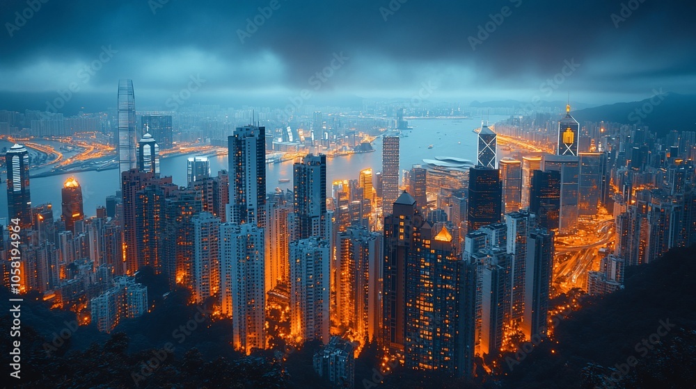 Fototapeta premium An aerial view of a city skyline at night, with tall buildings lit up by streetlights and a dark cloudy sky.
