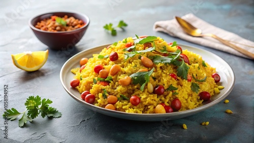 Minimalist aloo kanda poha or tarri pohe with spicy chana masala curry selective focus