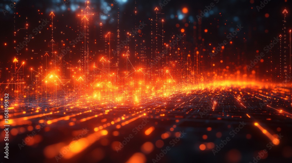 Abstract digital landscape with glowing particles and arrows. Abstract digital landscape with glowing particles and arrows.