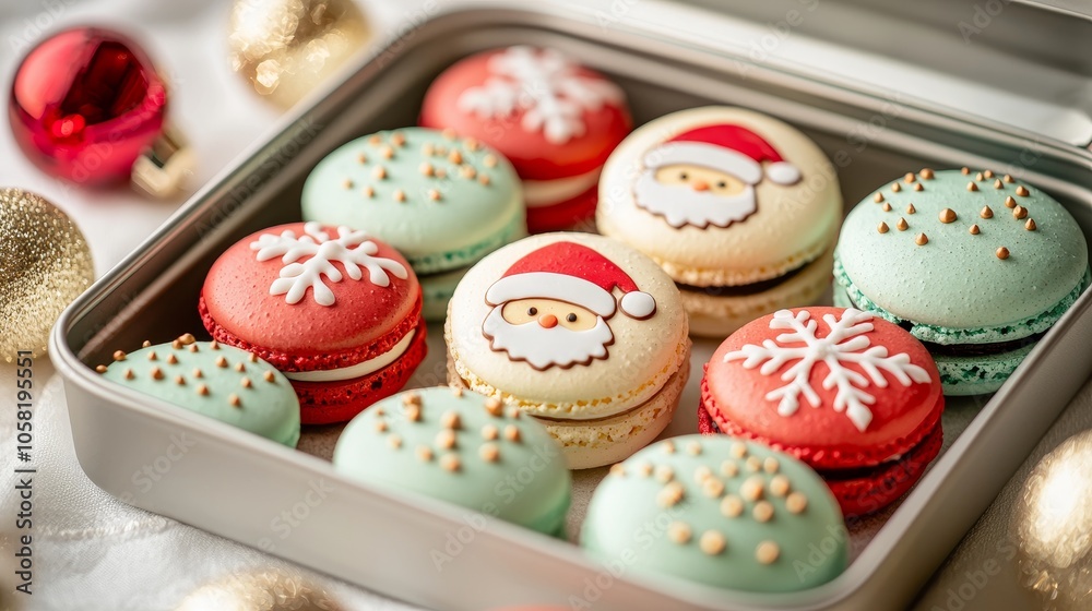 Fototapeta premium Festive macarons featuring Santa and elf designs, pastel colors, decorated with Christmas baubles in a tin, isolated on white background
