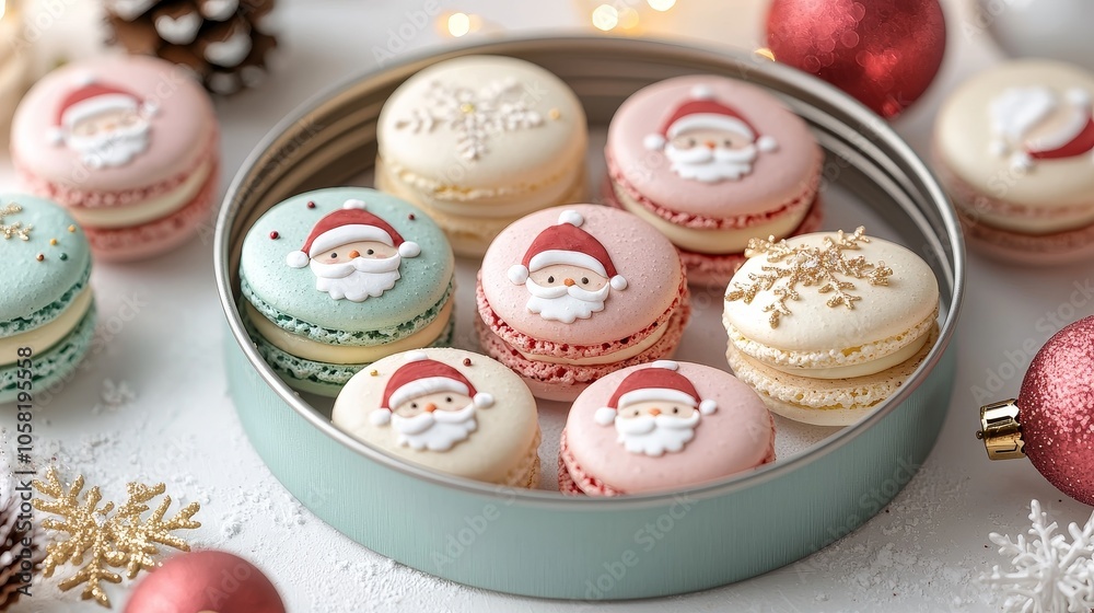 Fototapeta premium Festive macarons featuring Santa and elf designs, pastel colors, decorated with Christmas baubles in a tin, isolated on white background