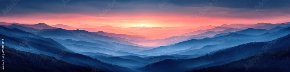 Serene mountain landscape at dawn with layered hills and soft colors. Serene mountain landscape at dawn with layered hills and soft colors.
