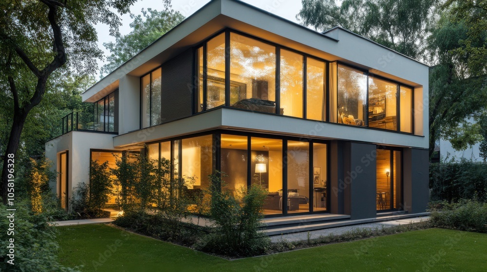 Fototapeta premium Modern suburban home with clean lines, large windows,