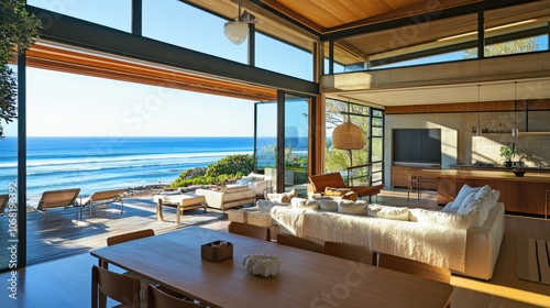 Modernist beach house with open plan living, large windows