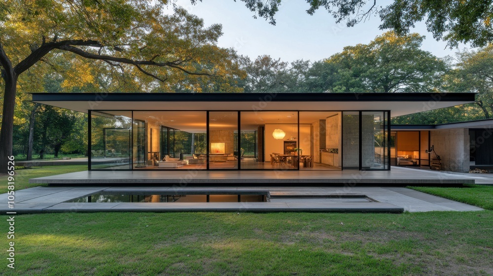 Modernist pavilion with an open plan, glass walls, Modernist pavilion with an open plan, glass walls,