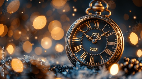 Golden Vintage Clock with 2024 Fireworks and Bokeh, New Year Celebration, Dark Blurred Snowflakes Festive Background