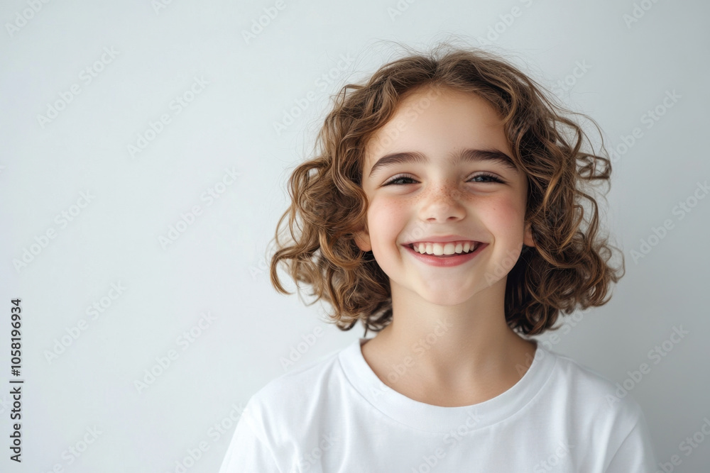 young girl with curly hair is smiling widely, radiating joy and happiness. Her cheerful expression brings warmth to image, making it inviting and uplifting young girl with curly hair is smiling widely, radiating joy and happiness. Her cheerful expression brings warmth to image, making it inviting and uplifting