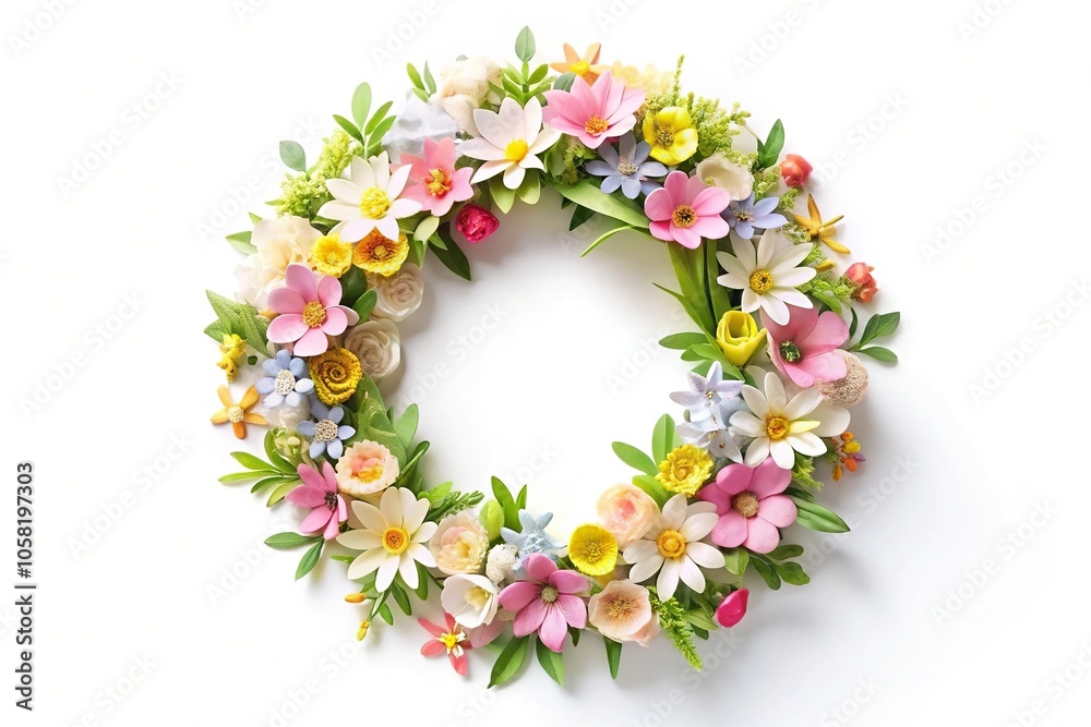 Paper wreath of spring flowers on isolated white background created with extreme close-up Paper wreath of spring flowers on isolated white background created with extreme close-up