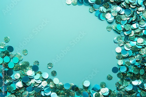 Sequins in the frame Teal birthday confetti with green Christmas. Generative Ai