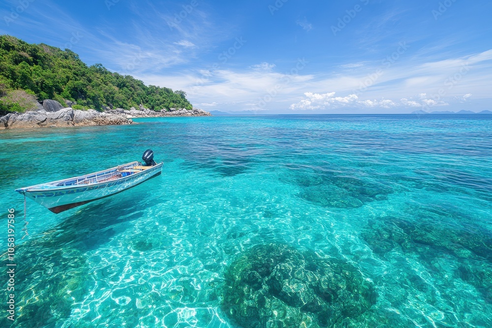 Fototapeta premium Vibrant Coral Reefs and Scenic Boat Adventure