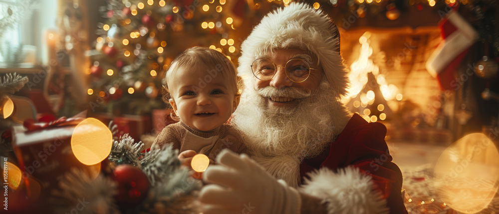 Santa Claus shares a joyful moment with a smiling toddler by a cozy fireplace decorated for Christmas Santa Claus shares a joyful moment with a smiling toddler by a cozy fireplace decorated for Christmas