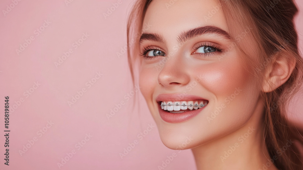 Fototapeta premium young woman with braces smiles brightly against soft pink background, showcasing her clear skin and natural beauty. Her joyful expression radiates confidence and happiness