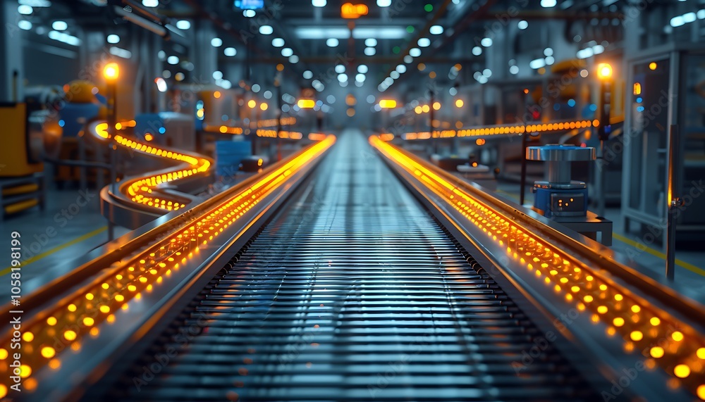 A well-lit conveyor belt system in a modern factory, showcasing smooth movement and illuminated pathways in an industrial environment. A well-lit conveyor belt system in a modern factory, showcasing smooth movement and illuminated pathways in an industrial environment.