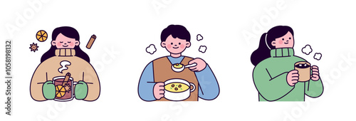 winter people. People eating warm food and drinking warm drinks in the cold winter.
