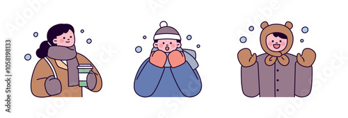 winter people. People wearing warm clothes and holding hot coffee on a snowy day.