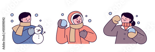 winter people. People making snowmen and having snowball fights on a snowy day.