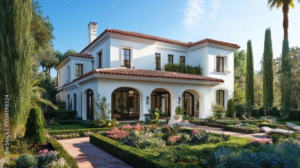 Traditional Mediterranean villa with white walls, terracotta roofs Traditional Mediterranean villa with white walls, terracotta roofs