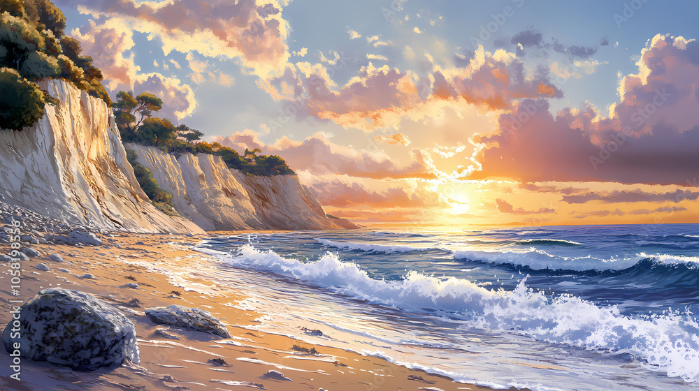 Fototapeta premium Serene coastal landscape with waves rocks sunsets sandy shores. Sandy Cliffs. Illustration