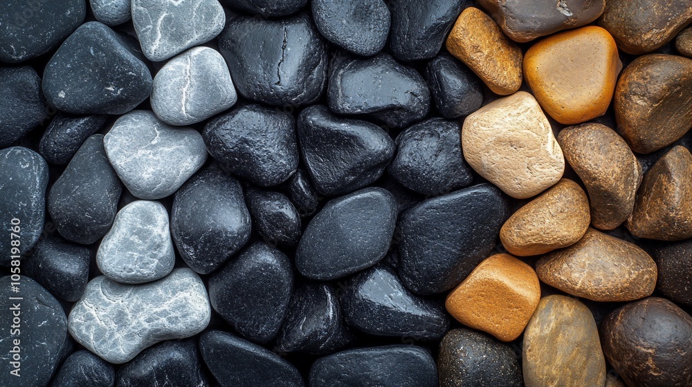 A close-up view of smooth, round stones in a variety of shades of gray, black, and brown. A close-up view of smooth, round stones in a variety of shades of gray, black, and brown.