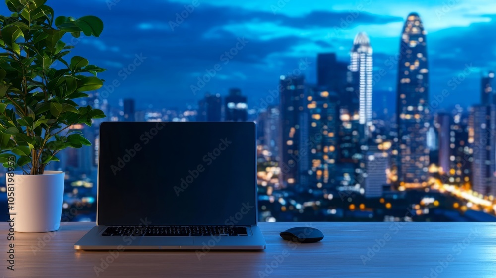 Cozy Home Office Setup with Soft Lighting and City View Cozy Home Office Setup with Soft Lighting and City View