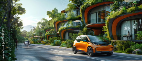 Modern electric car driving through a lush, eco-friendly neighborhood with futuristic green architecture in bright daylight