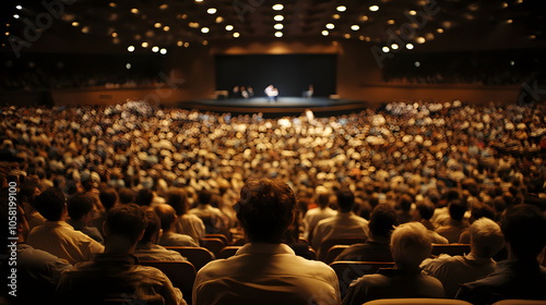 満員の観客で埋まる講演会ホール。イベント・カンファレンスの臨場感