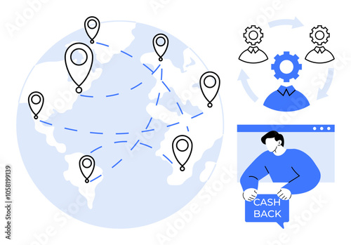 Map with location markers, cogwheels indicating teamwork, person receiving cashback demonstrated. Ideal for concepts of globalization, finance, digital marketing, customer service, e-commerce