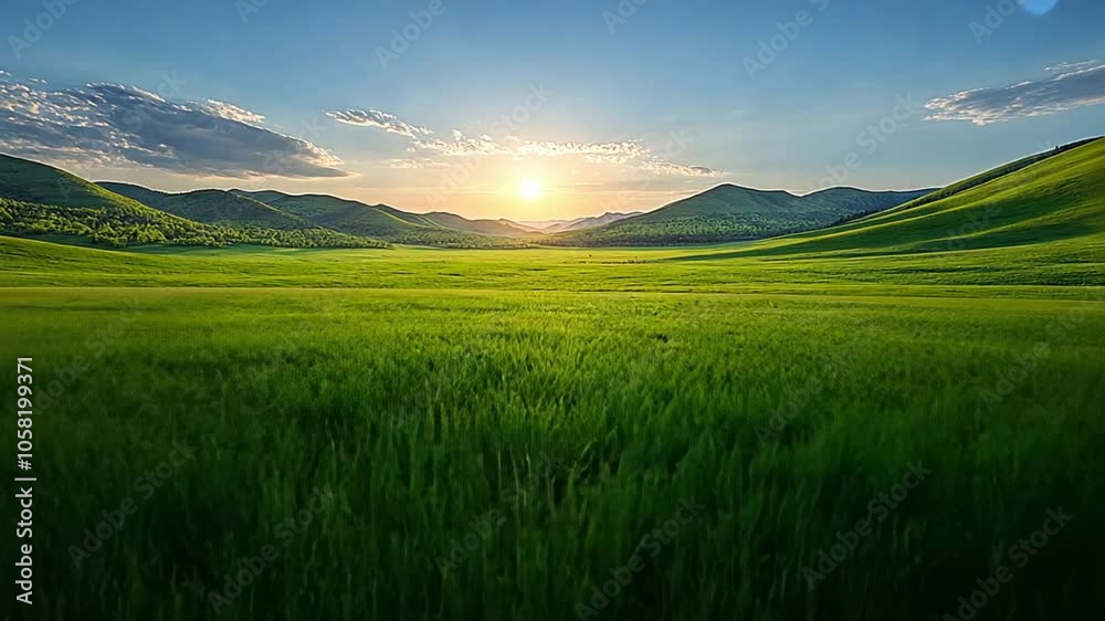A serene landscape at sunrise, featuring rolling green hills and a clear sky footage A serene landscape at sunrise, featuring rolling green hills and a clear sky footage