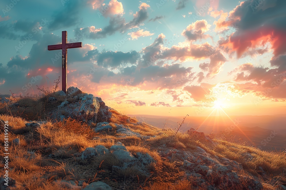 Jesus Christ's crucifixion on the mountainside hill. Generative Ai Jesus Christ's crucifixion on the mountainside hill. Generative Ai