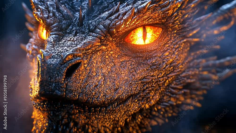 A close-up of a fierce dragon with glowing orange eyes and textured scales footage