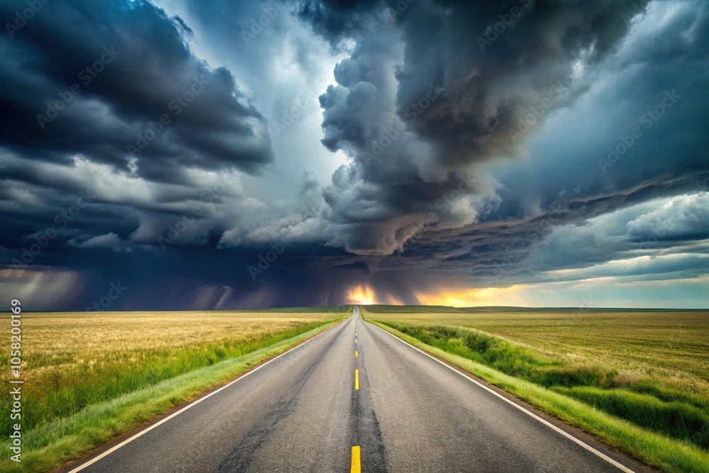 Stormy weather on a long road through a field Stormy weather on a long road through a field