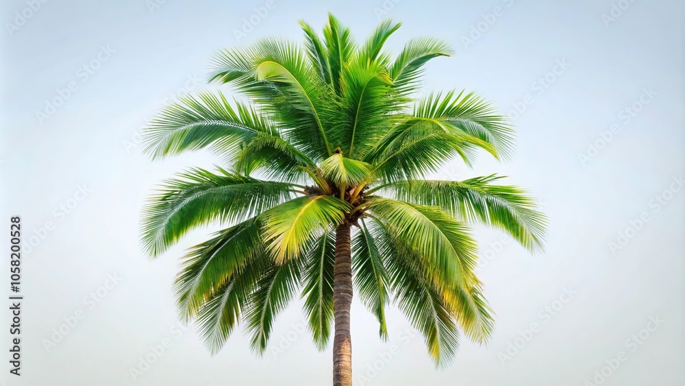 Fototapeta premium Symmetrical tall palm tree with lush green fronds against clear blue sky background