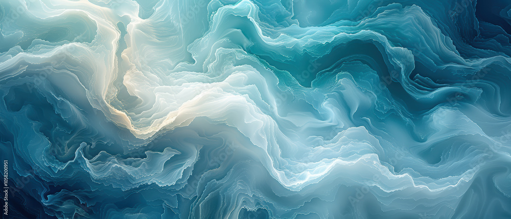 Obraz premium Abstract swirling patterns of blue and white evoke ocean waves in a serene, fluid composition created in a digital art format