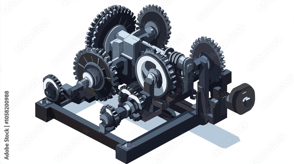 Precision Gearbox Mechanism:Detailed 3D render of a complex gearbox mechanism, showcasing intricate gears and shafts in a precise arrangement. Ideal for industrial, engineering.