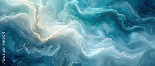 Abstract swirling patterns of blue and white evoke ocean waves in a serene, fluid composition created in a digital art format