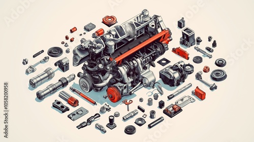 Engine Parts Isometric Illustration:  A detailed isometric illustration of an engine disassembled into its individual components, highlighting the intricate workings of a powerful machine.  
