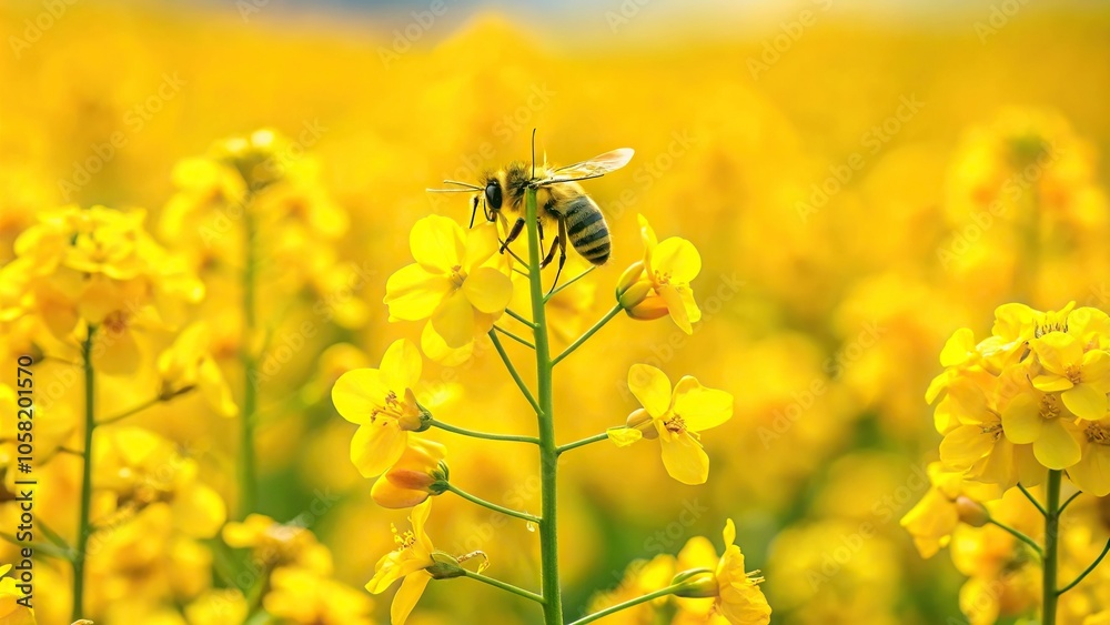 Vibrant rapeseed field in bloom with bee covered in pollen Vibrant rapeseed field in bloom with bee covered in pollen