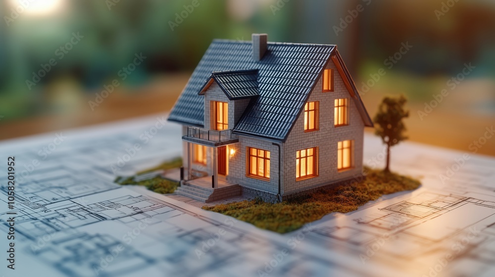 Small, illuminated model house on top of architectural blueprints, representing residential construction, design planning, and real estate concepts. Small, illuminated model house on top of architectural blueprints, representing residential construction, design planning, and real estate concepts.