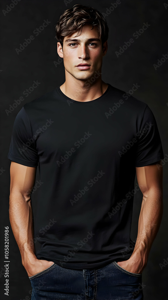 Portrait of Young Man in Black T-shirt with Hands in Pockets Portrait of Young Man in Black T-shirt with Hands in Pockets