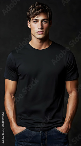 Portrait of Young Man in Black T-shirt with Hands in Pockets