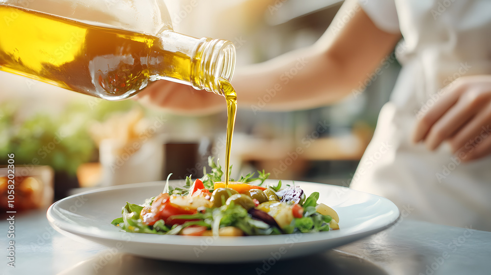 Hands pouring olive oil over a fresh salad creating a delicious and healthy meal experience in natural light Hands pouring olive oil over a fresh salad creating a delicious and healthy meal experience in natural light