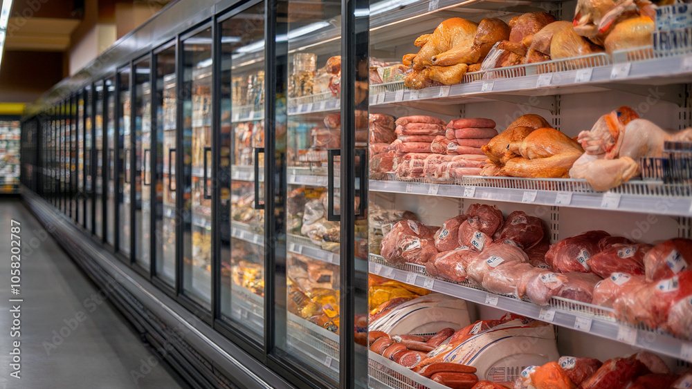 Cold storage aisle with meat products in grocery store. Professional food photography in a grocery store setting. Cold storage aisle with meat products in grocery store. Professional food photography in a grocery store setting.
